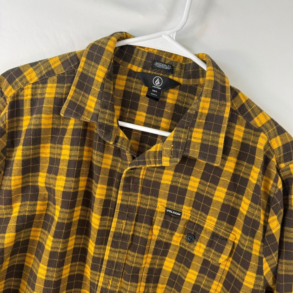 Volcom Men Modern Fit Flannel Shirt Yellow Brown Plaid Cotton Lg L Long Sleeve